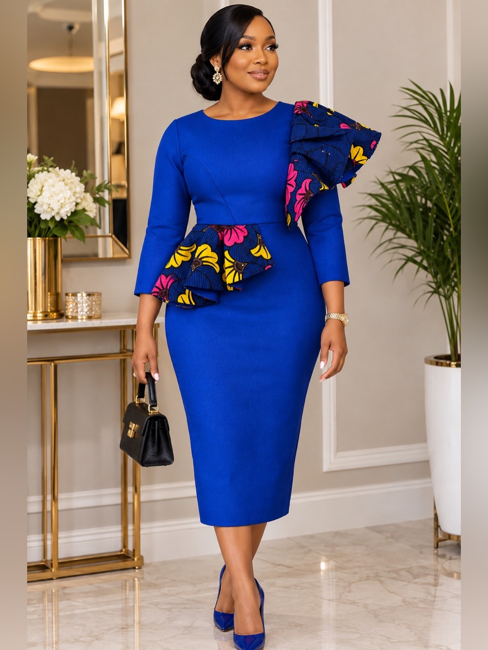 Blue Peplum Dress with Ankara Ruffle Sleeve